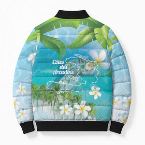 Afro Haiti Cotes des Arcadins Bomber Puffer Jacket Ayiti Map With Royal Palm Plumeria - African Pride