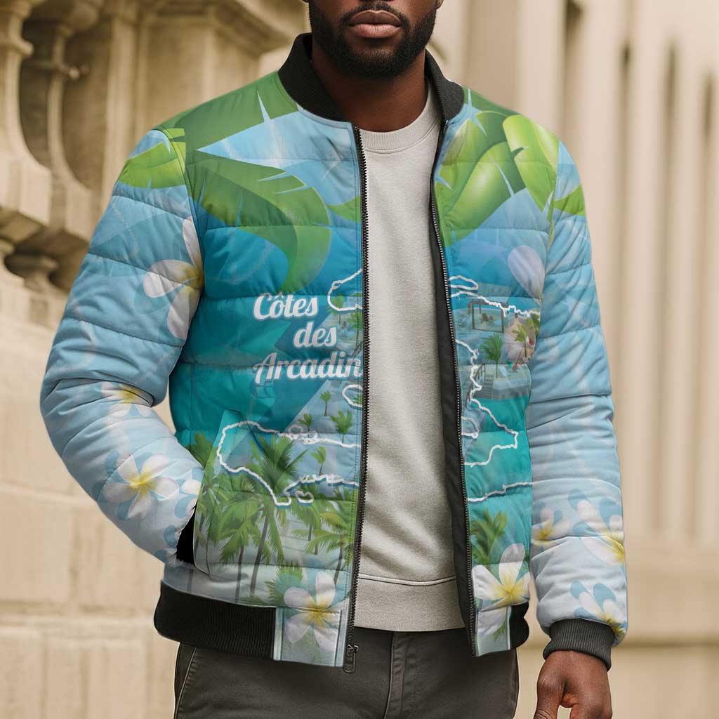 Afro Haiti Cotes des Arcadins Bomber Puffer Jacket Ayiti Map With Royal Palm Plumeria - African Pride