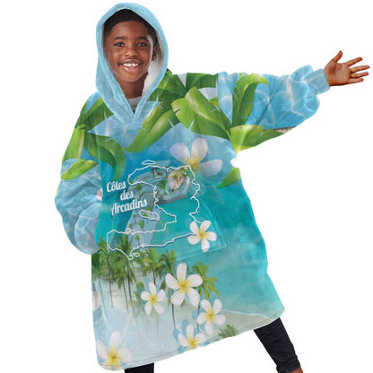 Afro Haiti Cotes des Arcadins Kid Wearable Blanket Hoodie Ayiti Map With Royal Palm Plumeria - African Pride
