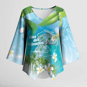 Afro Haiti Cotes des Arcadins Kimono Sleeve Blouse Ayiti Map With Royal Palm Plumeria - African Pride