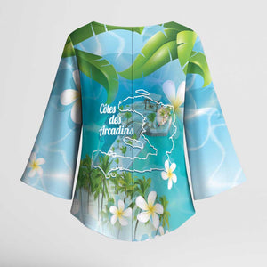 Afro Haiti Cotes des Arcadins Kimono Sleeve Blouse Ayiti Map With Royal Palm Plumeria - African Pride