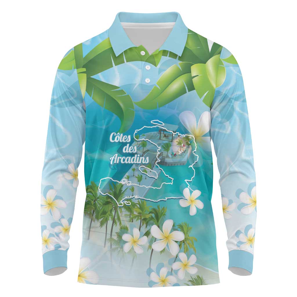 Afro Haiti Cotes des Arcadins Long Sleeve Polo Shirt Ayiti Map With Royal Palm Plumeria - African Pride