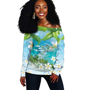 Afro Haiti Cotes des Arcadins Off Shoulder Sweater Ayiti Map With Royal Palm Plumeria - African Pride