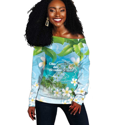 Afro Haiti Cotes des Arcadins Off Shoulder Sweater Ayiti Map With Royal Palm Plumeria - African Pride