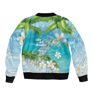 Afro Haiti Cotes des Arcadins Sleeve Zip Bomber Jacket Ayiti Map With Royal Palm Plumeria - African Pride