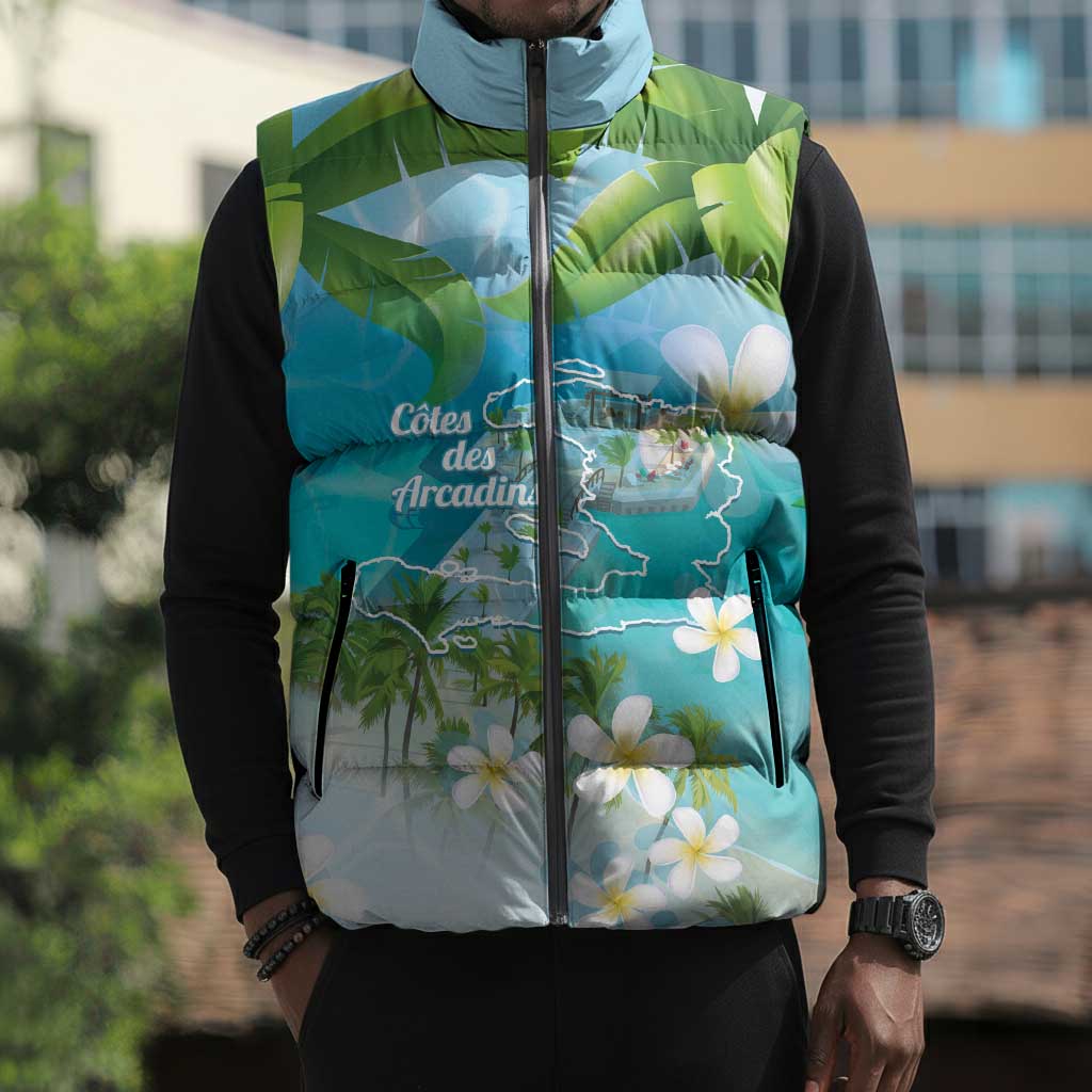 Afro Haiti Cotes des Arcadins Sleeveless Puffer Jacket Ayiti Map With Royal Palm Plumeria - African Pride