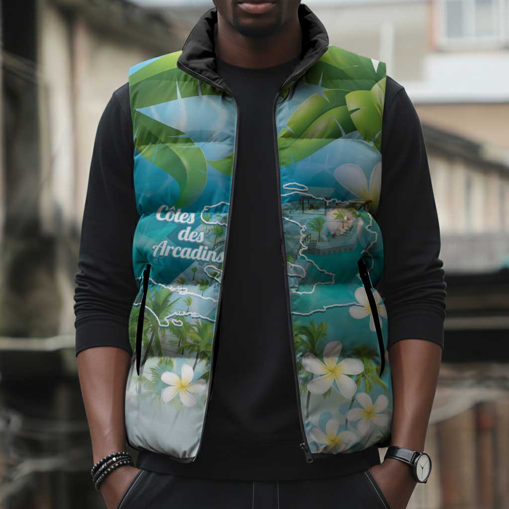 Afro Haiti Cotes des Arcadins Sleeveless Puffer Jacket Ayiti Map With Royal Palm Plumeria - African Pride