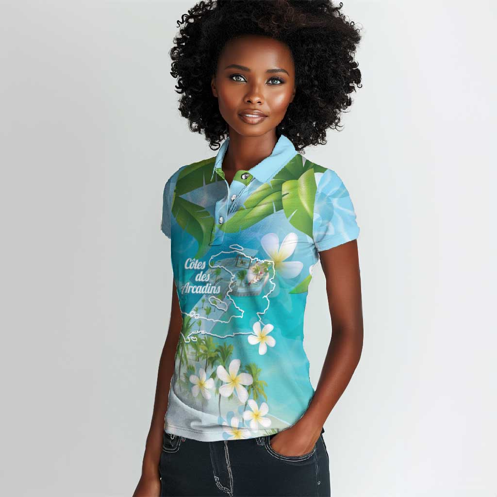 Afro Haiti Cotes des Arcadins Women Polo Shirt Ayiti Map With Royal Palm Plumeria LT14