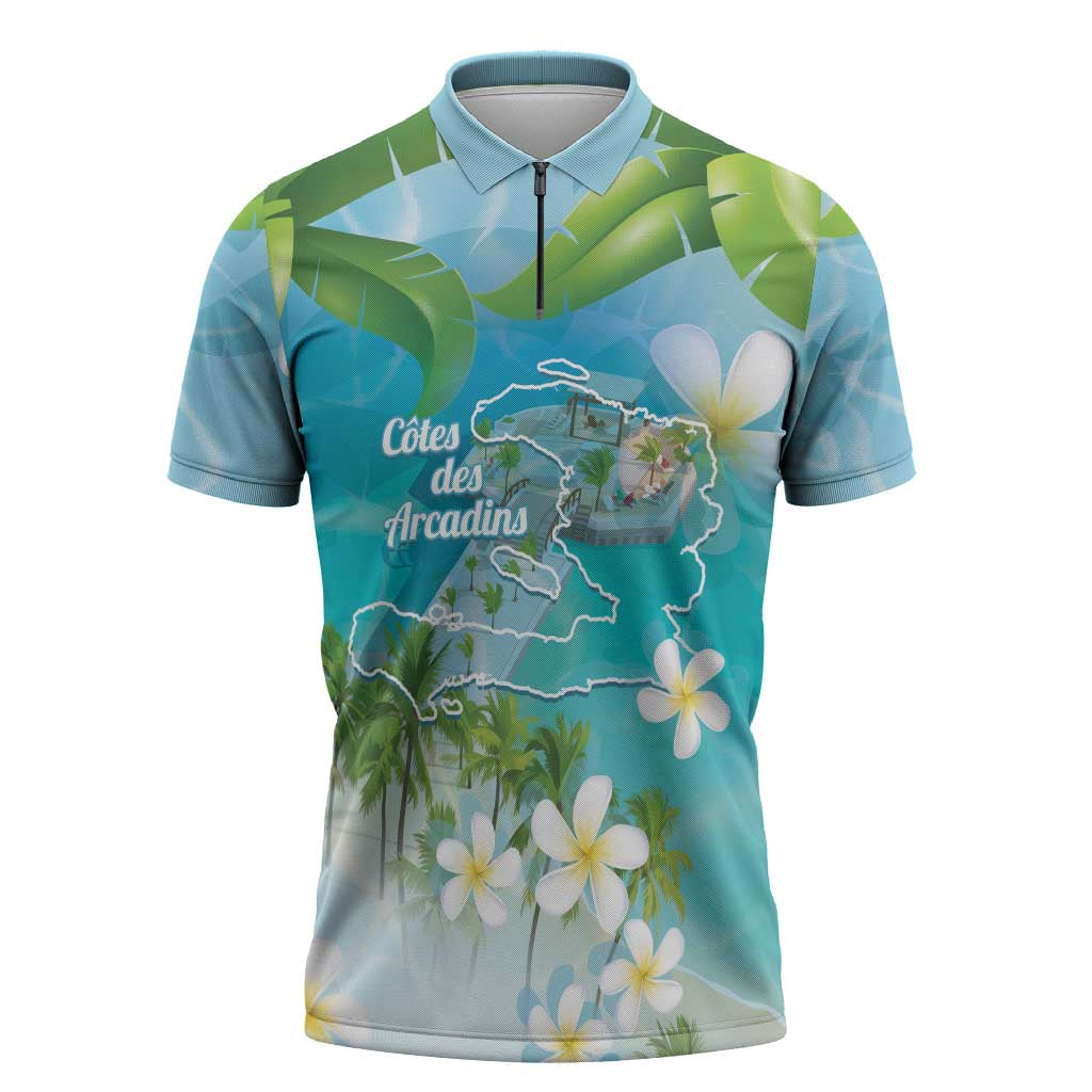 Afro Haiti Cotes des Arcadins Zipper Polo Shirt Ayiti Map With Royal Palm Plumeria - African Pride