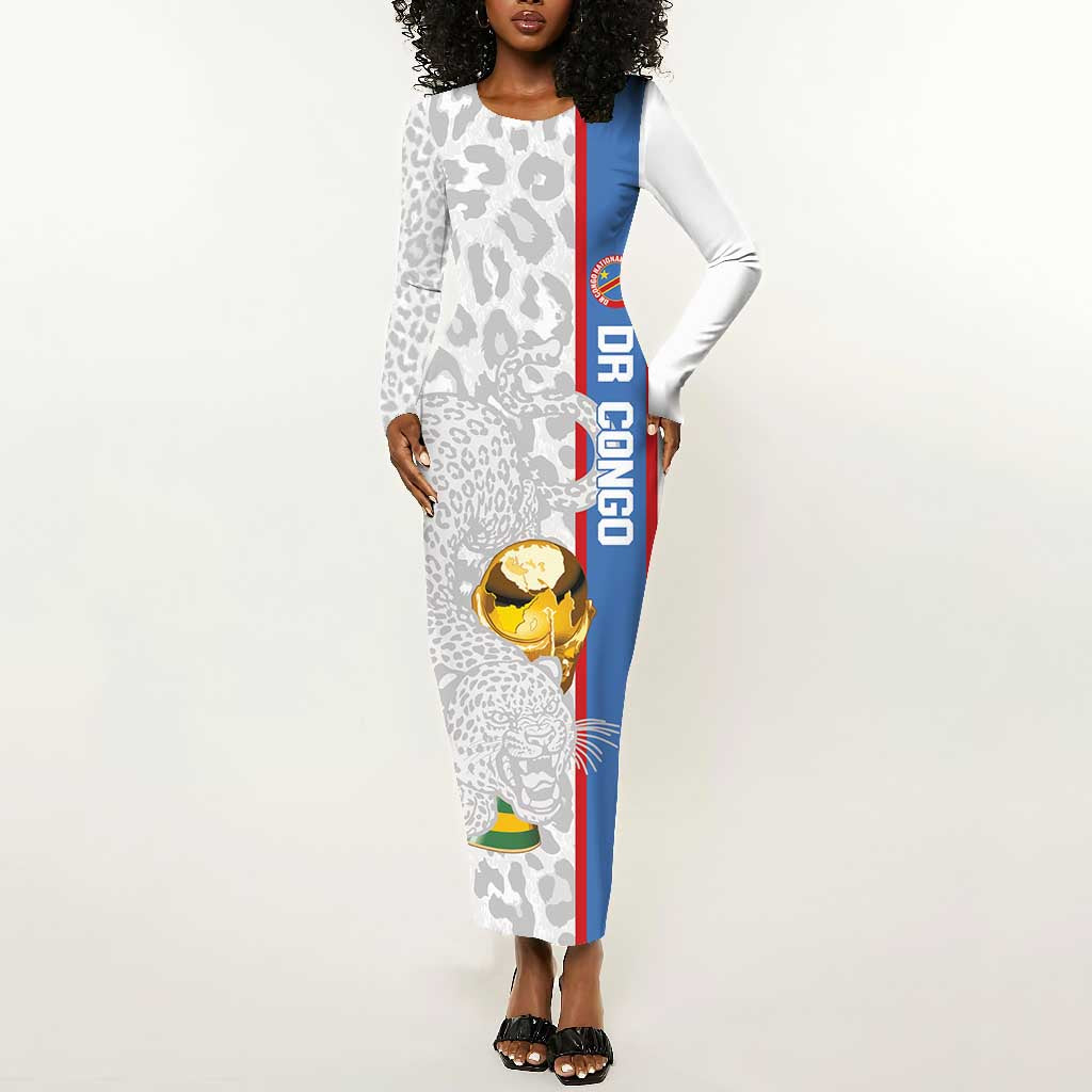 DR Congo Football Custom Long Sleeve Bodycon Dress Come On Leopards White Color