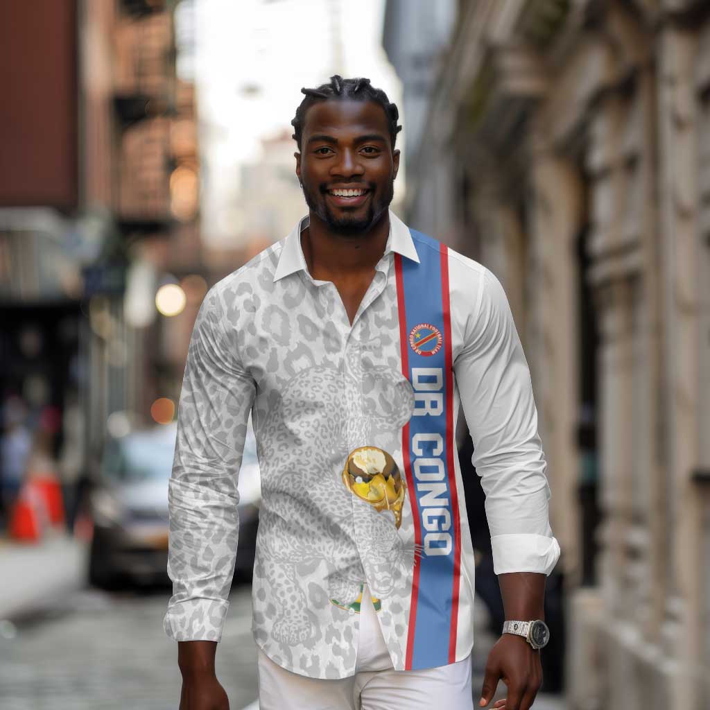 DR Congo Football Custom Long Sleeve Button Shirt Come On Leopards White Color