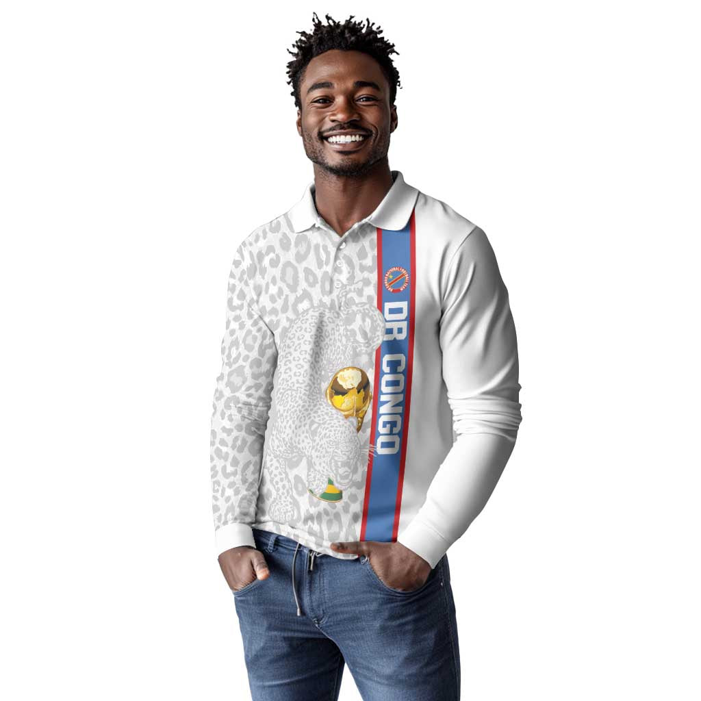 DR Congo Football Custom Long Sleeve Polo Shirt Come On Leopards White Color