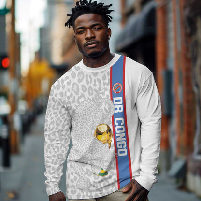 DR Congo Football Custom Long Sleeve Shirt Come On Leopards White Color