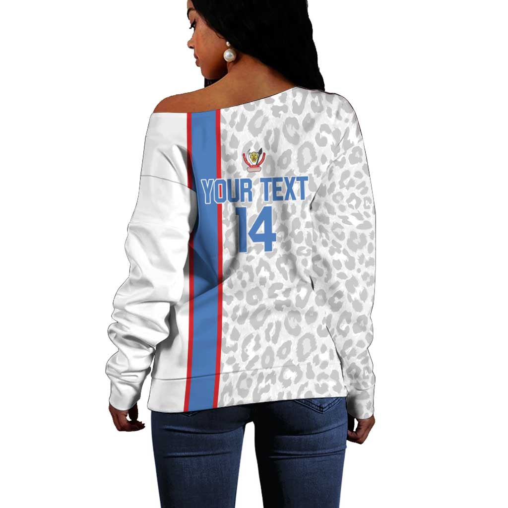 DR Congo Football Custom Off Shoulder Sweater Come On Leopards White Color
