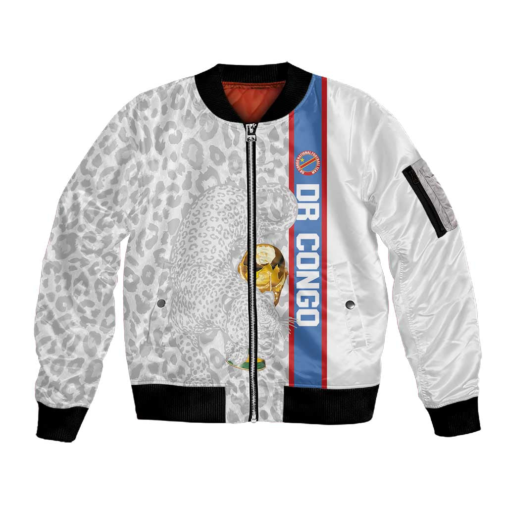 DR Congo Football Custom Sleeve Zip Bomber Jacket Come On Leopards White Color
