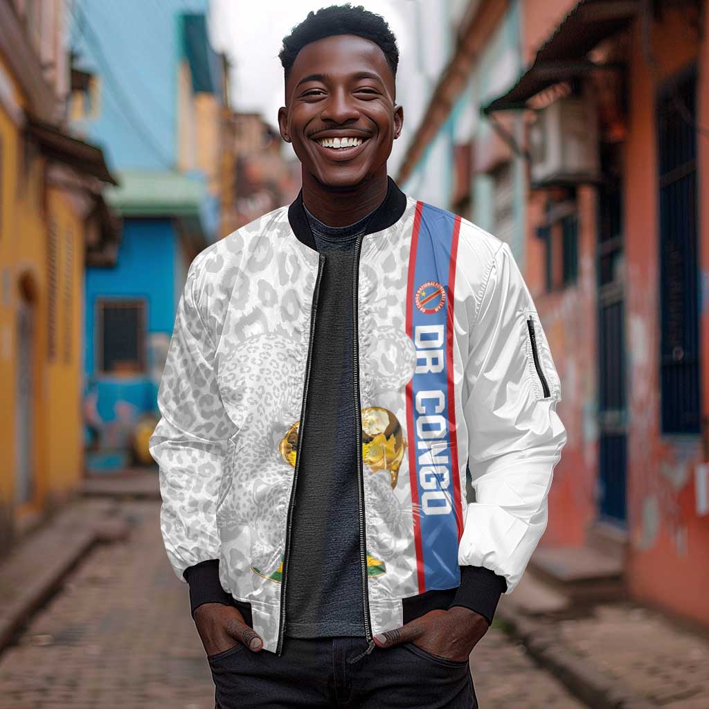 DR Congo Football Custom Sleeve Zip Bomber Jacket Come On Leopards White Color