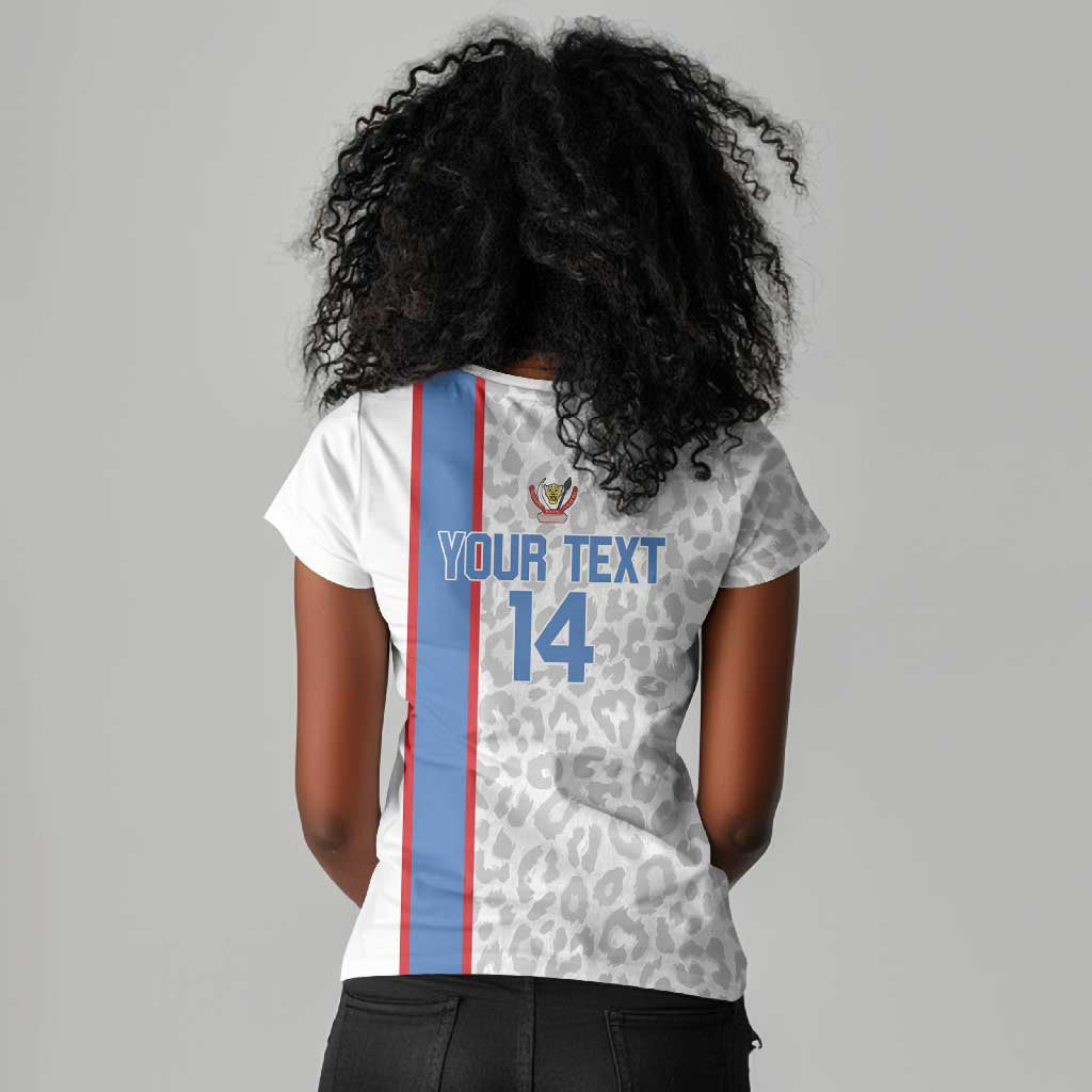 DR Congo Football Custom Women V-Neck T-Shirt Come On Leopards White Color