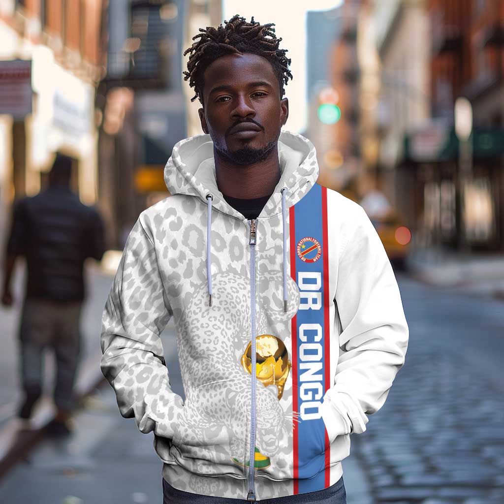 DR Congo Football Custom Zip Hoodie Come On Leopards White Color