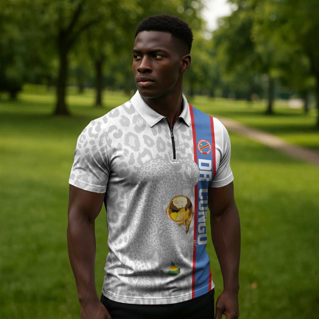 DR Congo Football Custom Zipper Polo Shirt Come On Leopards White Color