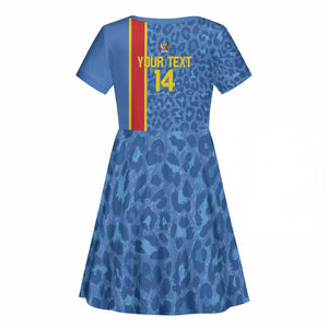 DR Congo Football Custom Kid Short Sleeve Dress Come On Leopards Blue Color