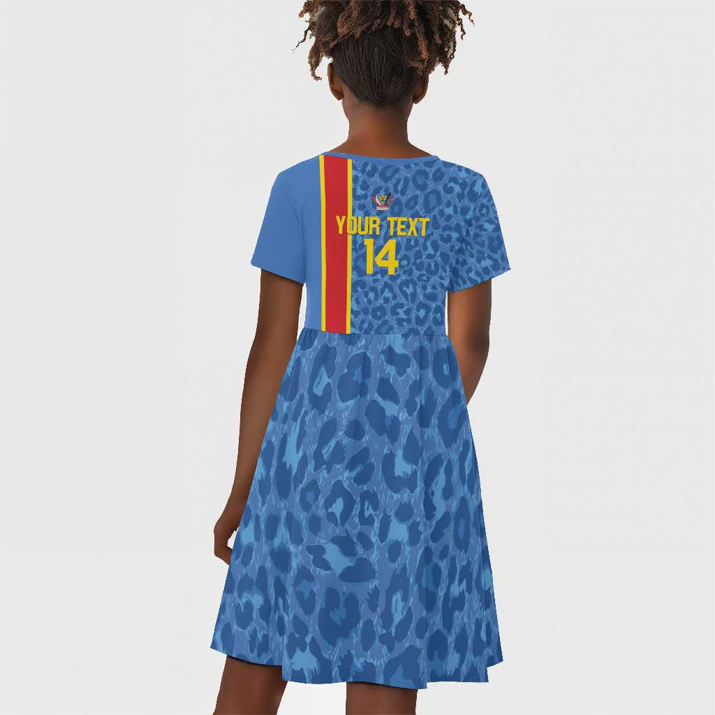 DR Congo Football Custom Kid Short Sleeve Dress Come On Leopards Blue Color