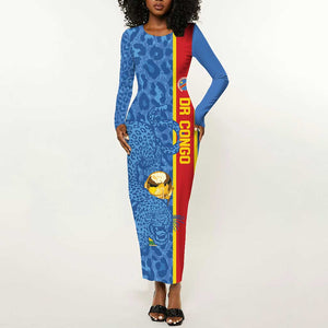 DR Congo Football Custom Long Sleeve Bodycon Dress Come On Leopards Blue Color
