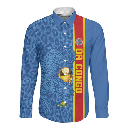 DR Congo Football Custom Long Sleeve Button Shirt Come On Leopards Blue Color