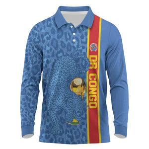 DR Congo Football Custom Long Sleeve Polo Shirt Come On Leopards Blue Color