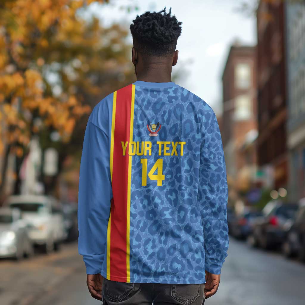 DR Congo Football Custom Long Sleeve Shirt Come On Leopards Blue Color