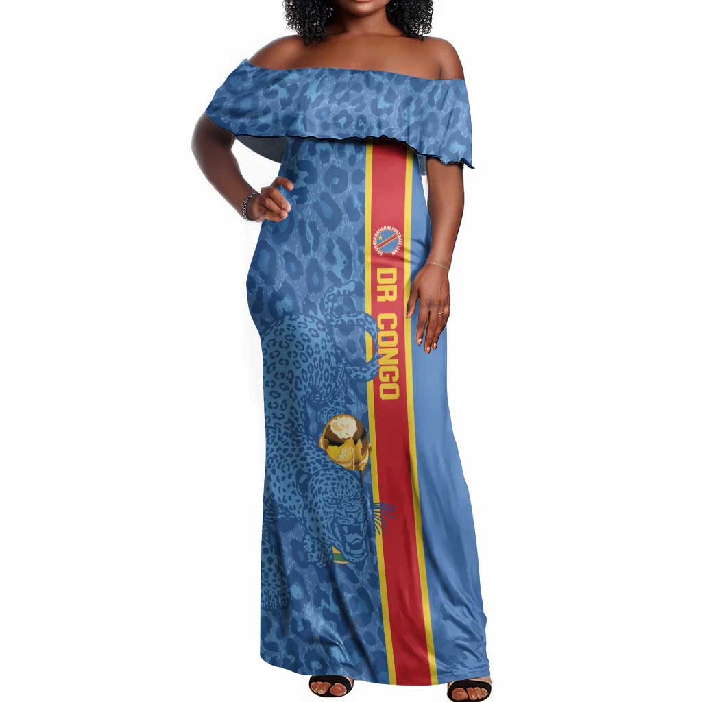 DR Congo Football Custom Off Shoulder Maxi Dress Come On Leopards Blue Color