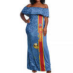 DR Congo Football Custom Off Shoulder Maxi Dress Come On Leopards Blue Color
