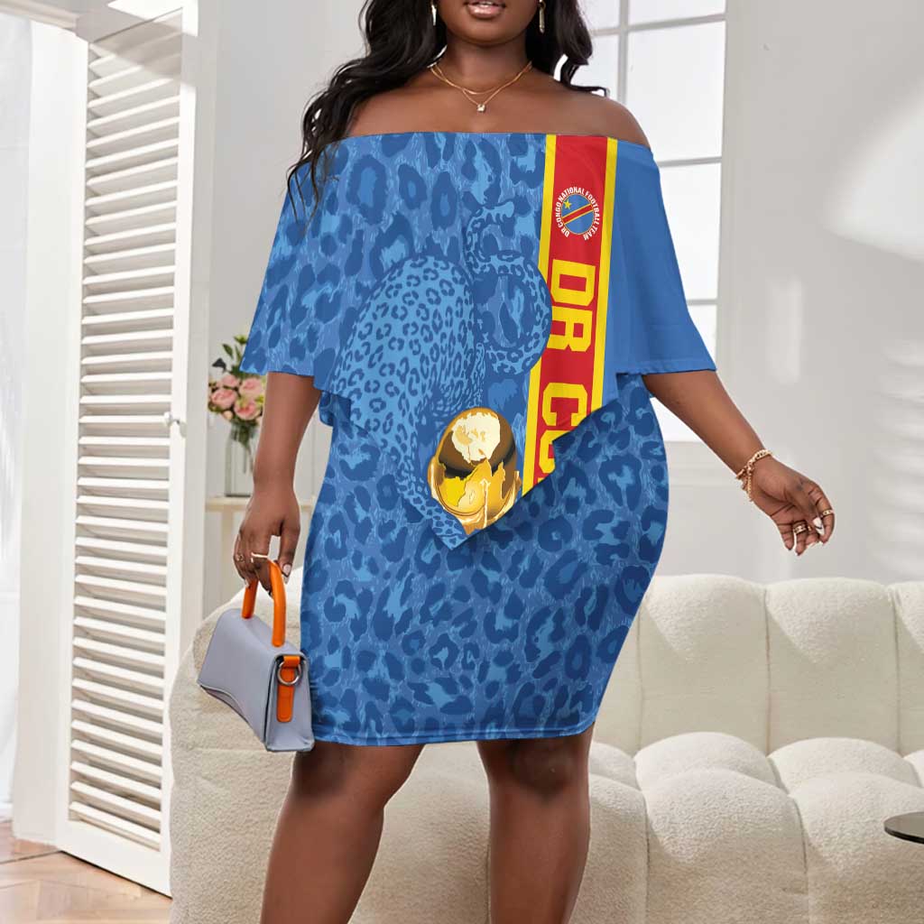 DR Congo Football Custom Off Shoulder Short Dress Come On Leopards Blue Color