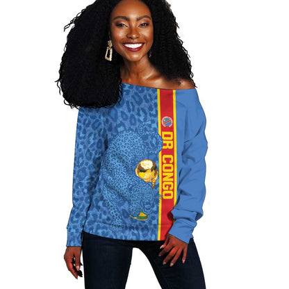 DR Congo Football Custom Off Shoulder Sweater Come On Leopards Blue Color
