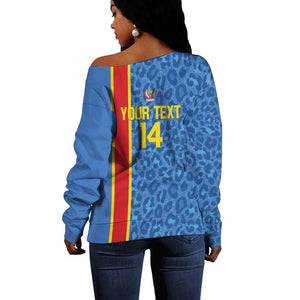 DR Congo Football Custom Off Shoulder Sweater Come On Leopards Blue Color