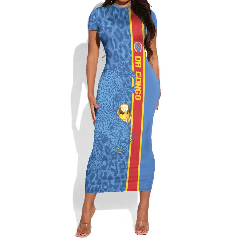 DR Congo Football Custom Short Sleeve Bodycon Dress Come On Leopards Blue Color