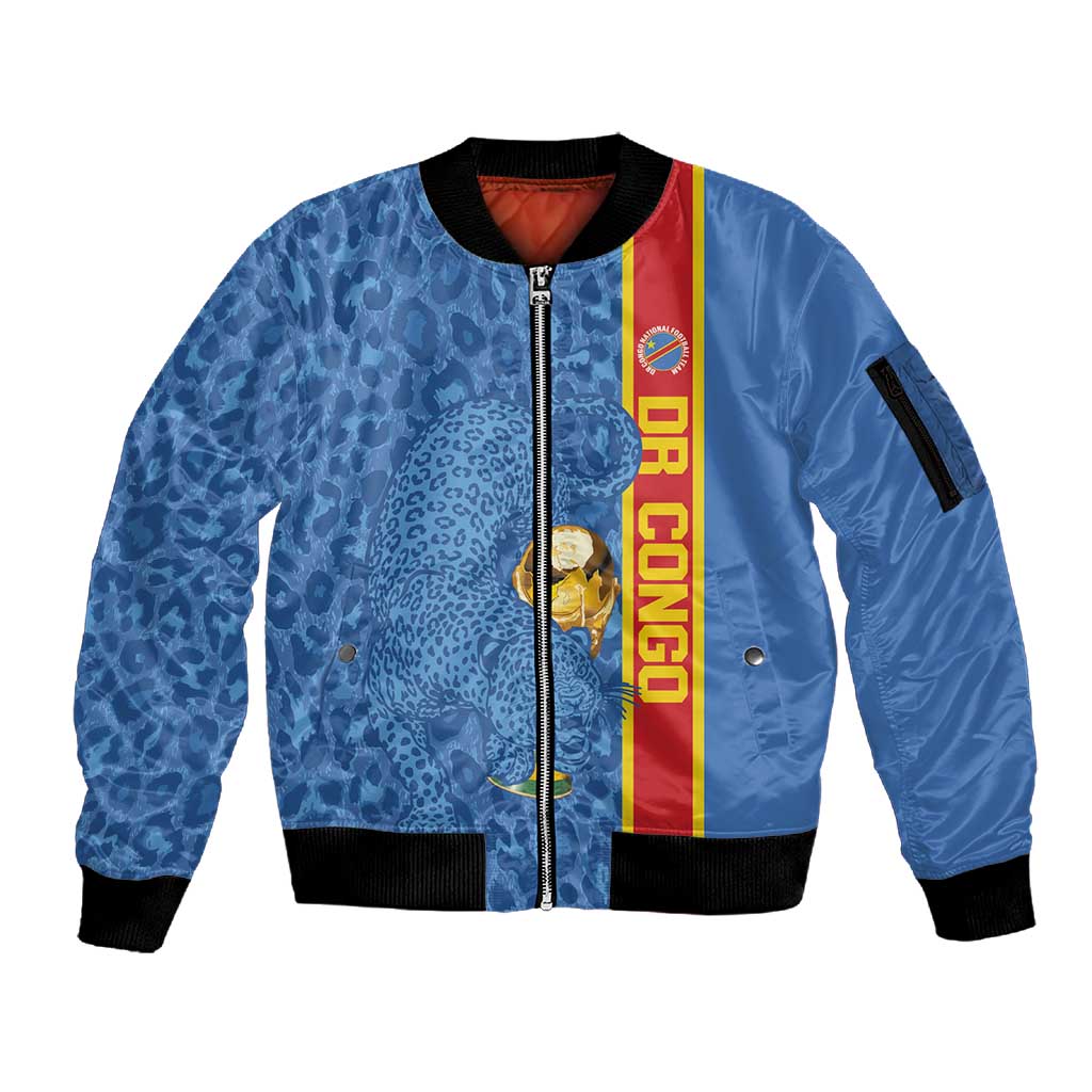 DR Congo Football Custom Sleeve Zip Bomber Jacket Come On Leopards Blue Color