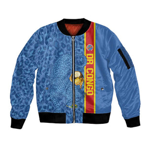 DR Congo Football Custom Sleeve Zip Bomber Jacket Come On Leopards Blue Color
