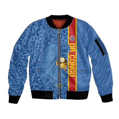 DR Congo Football Custom Sleeve Zip Bomber Jacket Come On Leopards Blue Color