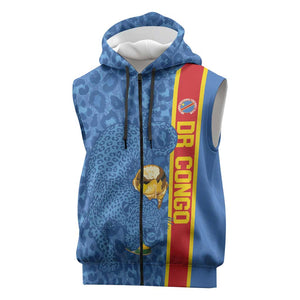 DR Congo Football Custom Sleeveless Zip Hoodie Come On Leopards Blue Color