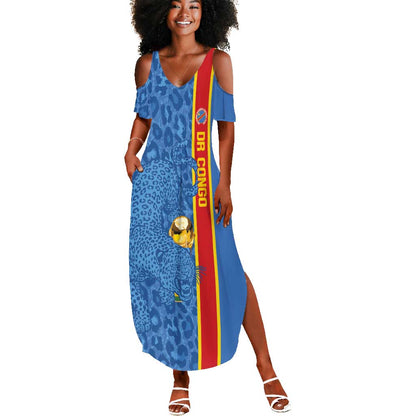 DR Congo Football Custom Summer Maxi Dress Come On Leopards Blue Color