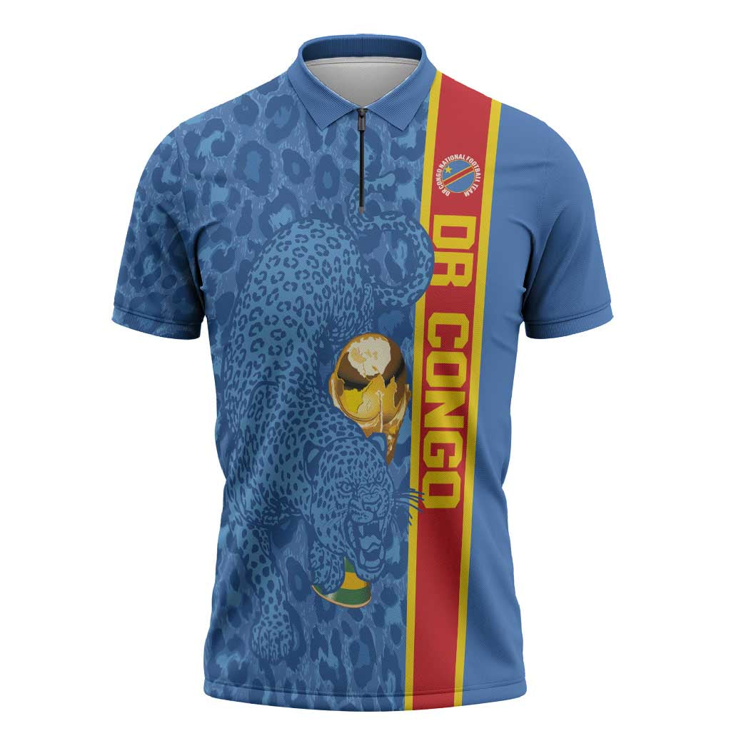 DR Congo Football Custom Zipper Polo Shirt Come On Leopards Blue Color