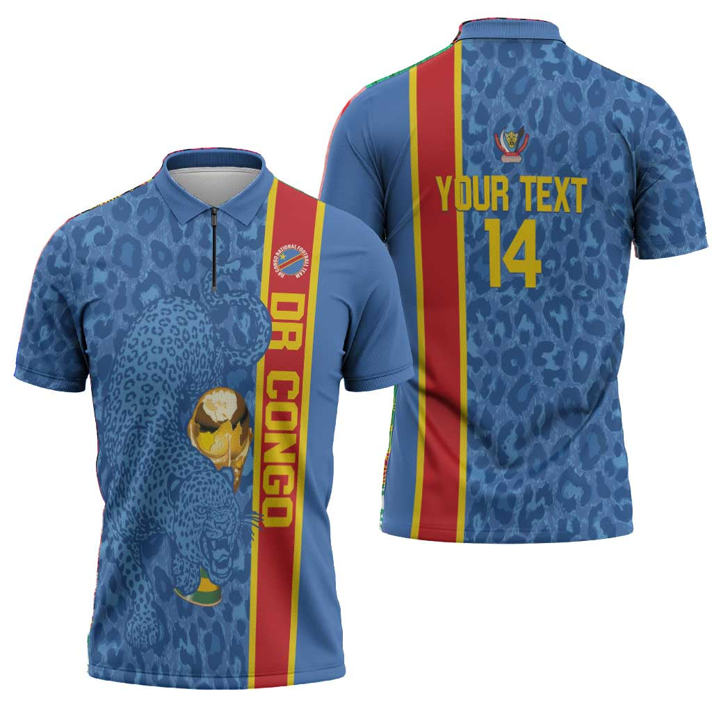 DR Congo Football Custom Zipper Polo Shirt Come On Leopards Blue Color