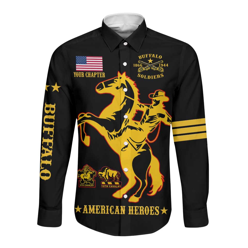 Personalized Afro Buffalo Soldiers Long Sleeve Button Shirt BSMC United States Army Black