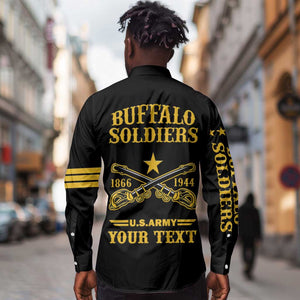 Personalized Afro Buffalo Soldiers Long Sleeve Button Shirt BSMC United States Army Black