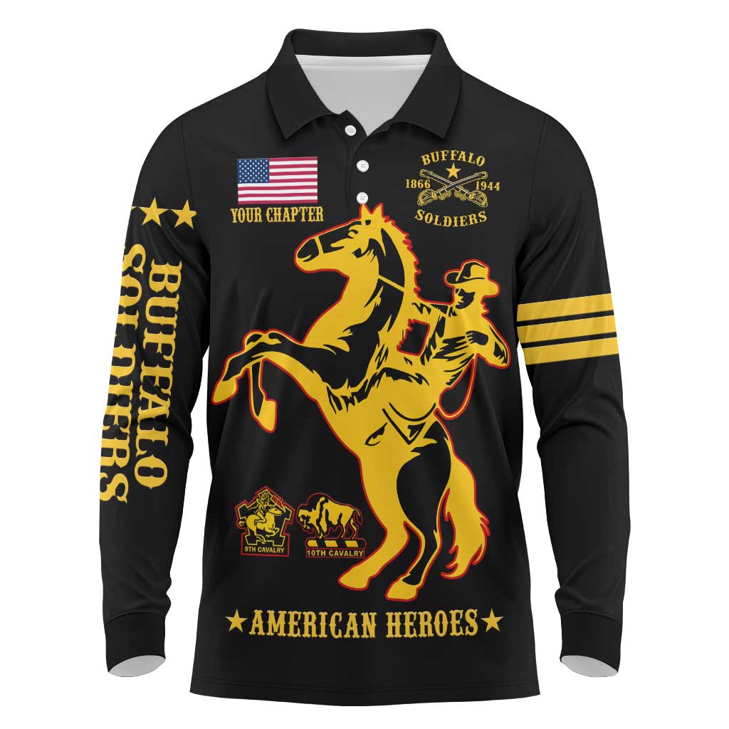 Personalized Afro Buffalo Soldiers Long Sleeve Polo Shirt BSMC United States Army Black