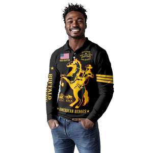 Personalized Afro Buffalo Soldiers Long Sleeve Polo Shirt BSMC United States Army Black