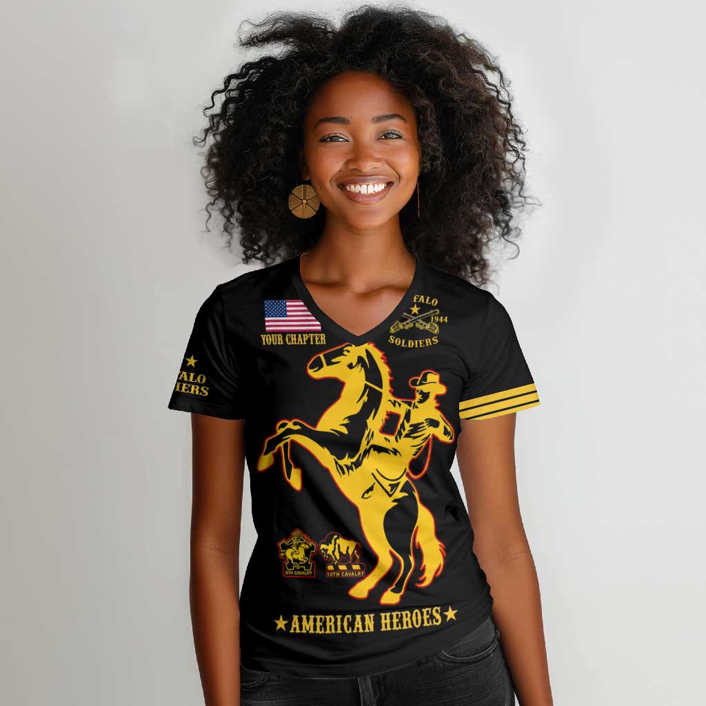 Personalized Afro Buffalo Soldiers Women V-Neck T-Shirt BSMC United States Army Black