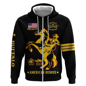 Personalized Afro Buffalo Soldiers Zip Hoodie BSMC United States Army Black