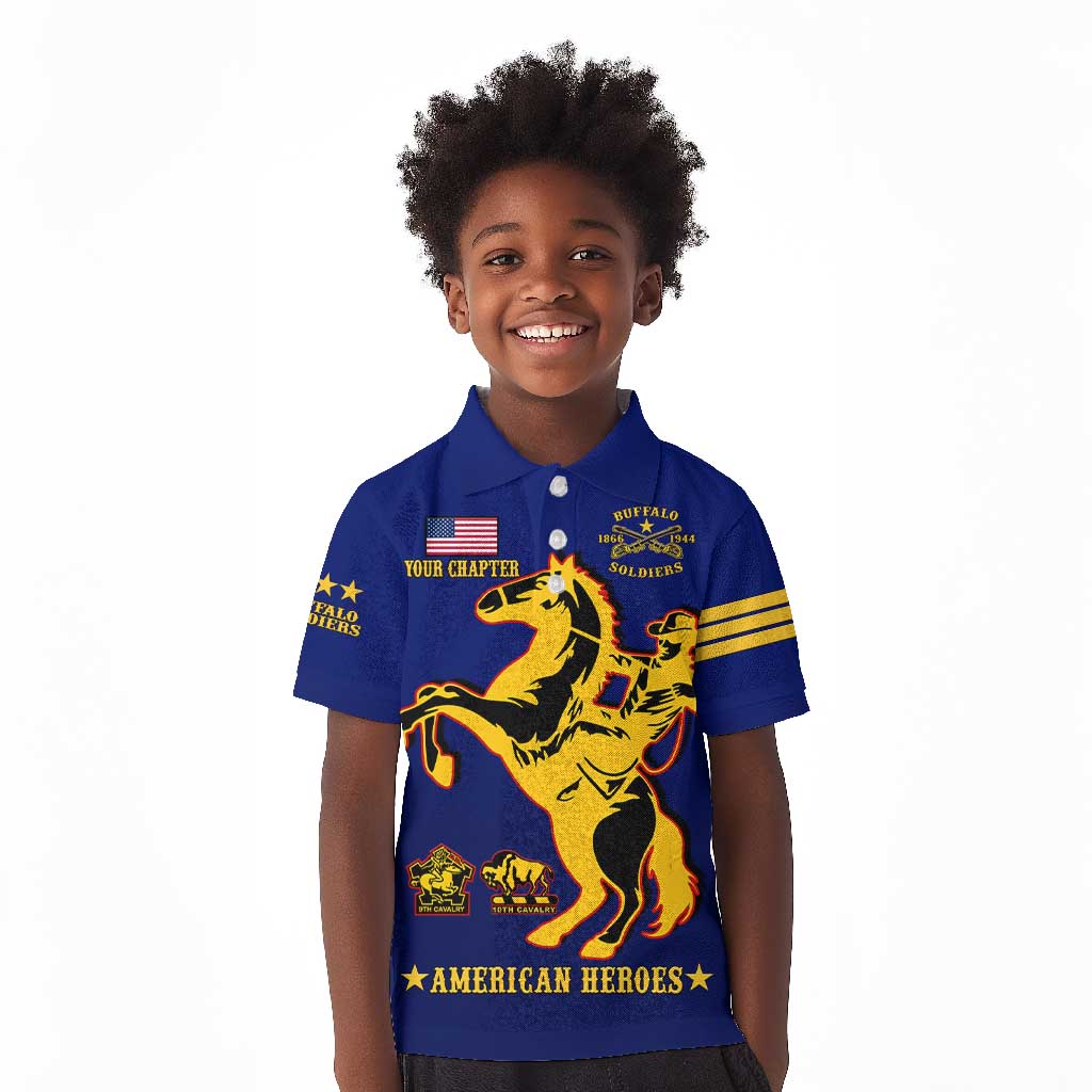 Personalized Afro Buffalo Soldiers Kid Polo Shirt BSMC United States Army Blue