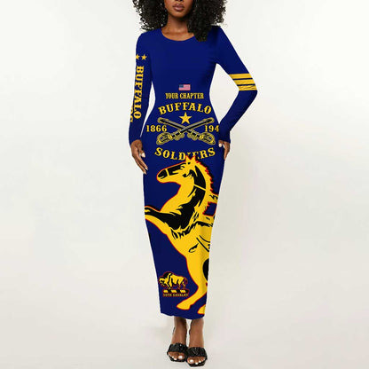 Personalized Afro Buffalo Soldiers Long Sleeve Bodycon Dress BSMC United States Army Blue LT14